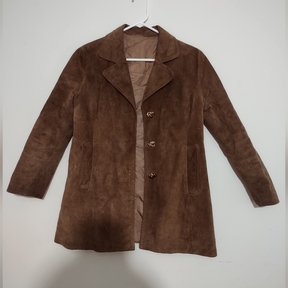 Unisex Vintage Suede Brown Jacket Coat L Gold Bottom Pocket Woman Blazer